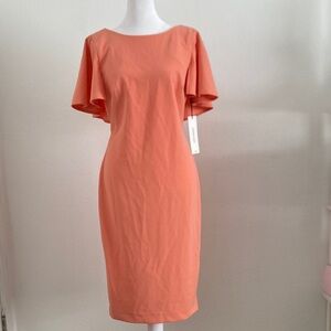 Calvin Klein Coral-Orange Midi Dress with Flutter Sleeves